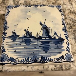 Elegant Blue and White Ceramic Tile with Windmill Design